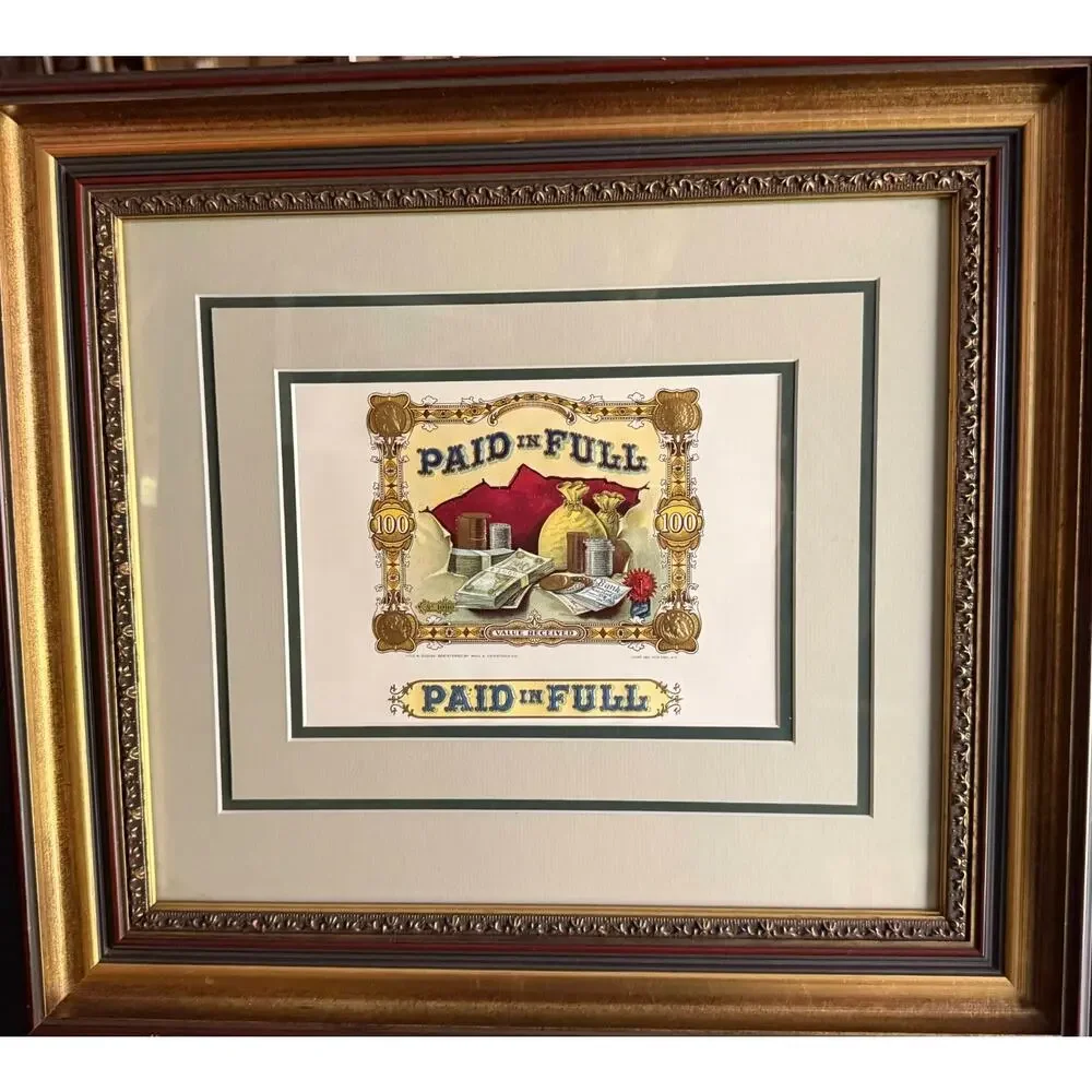 Vintage Paid In Full Cigar Label Framed Art Ornate Gold Tobacco Box Inner Print